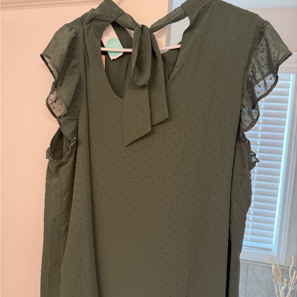 Women's Olive Swiss Dot Ruffle Sleeve Blouse - Picture 2 of 4